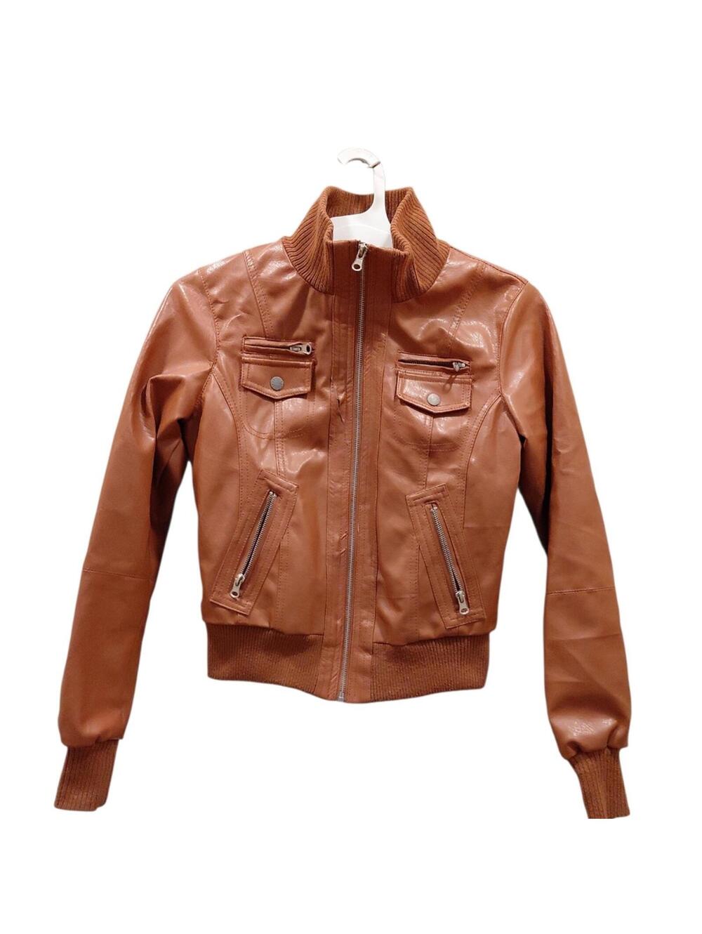 "Miss London" Sz.S, Brown,Faux Leather, Bomber Jacket. A slit in the material.
